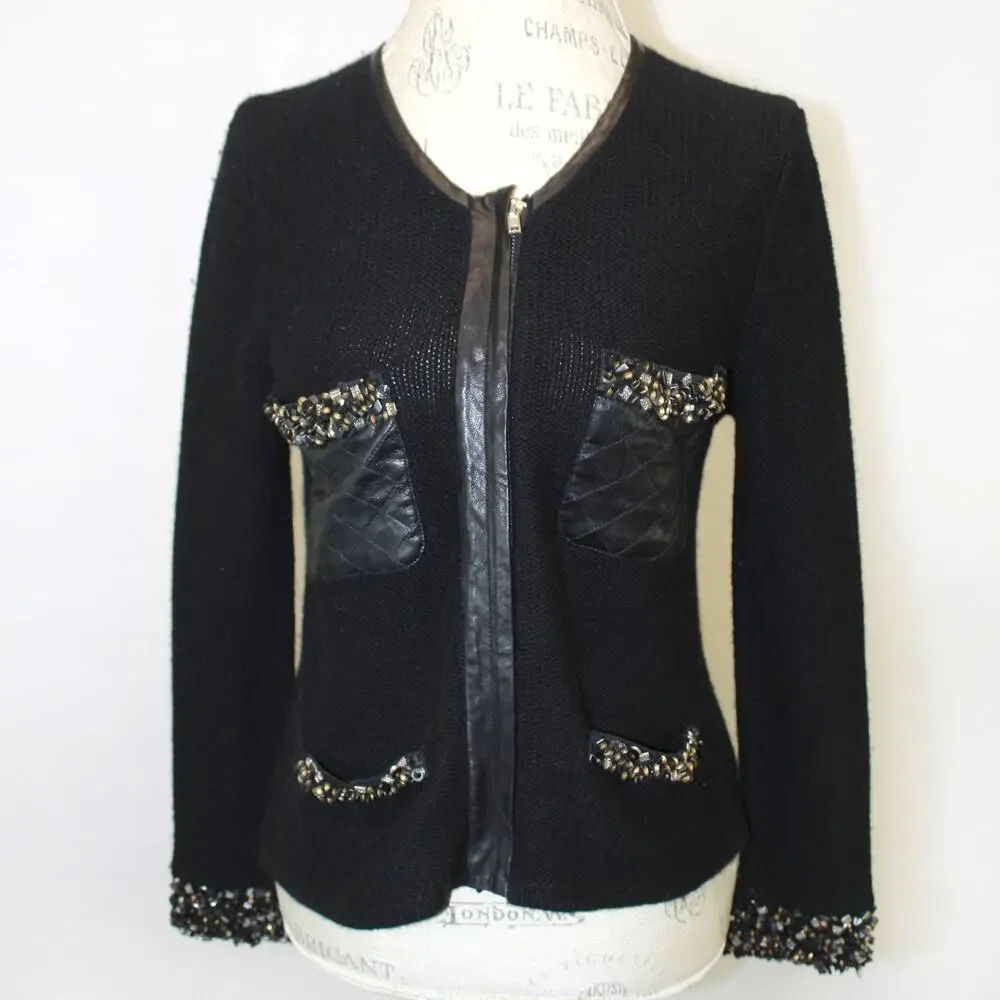 Madison Marcus Black Knit Jacket Blazer Full Zip Embroidered Beads Old Money S